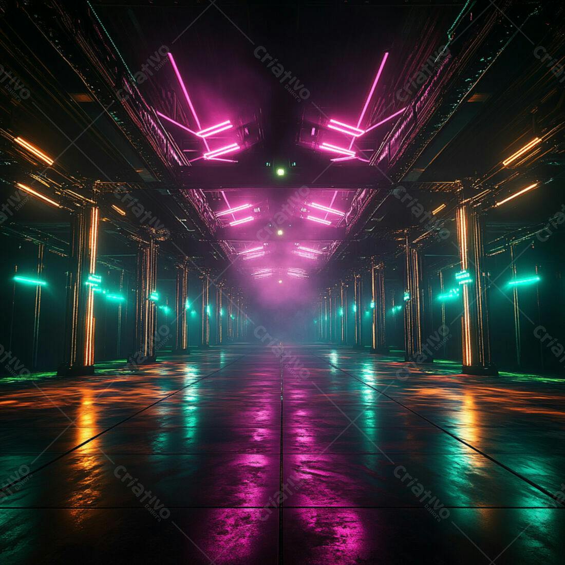 Corredor futurista com iluminação neon rosa e verde