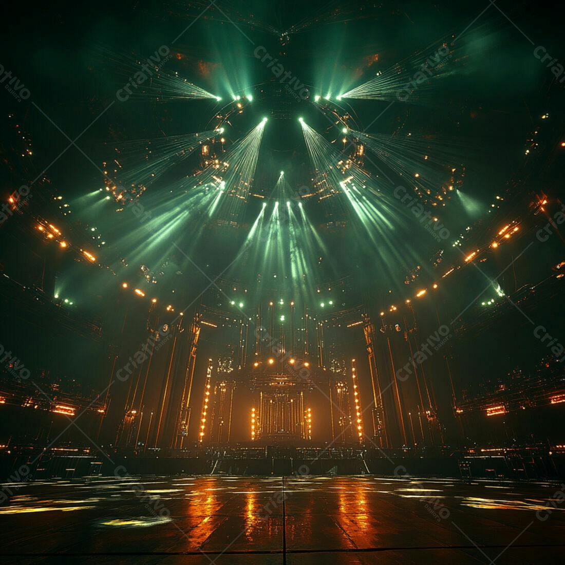 Palco iluminado com luzes verde e laranja