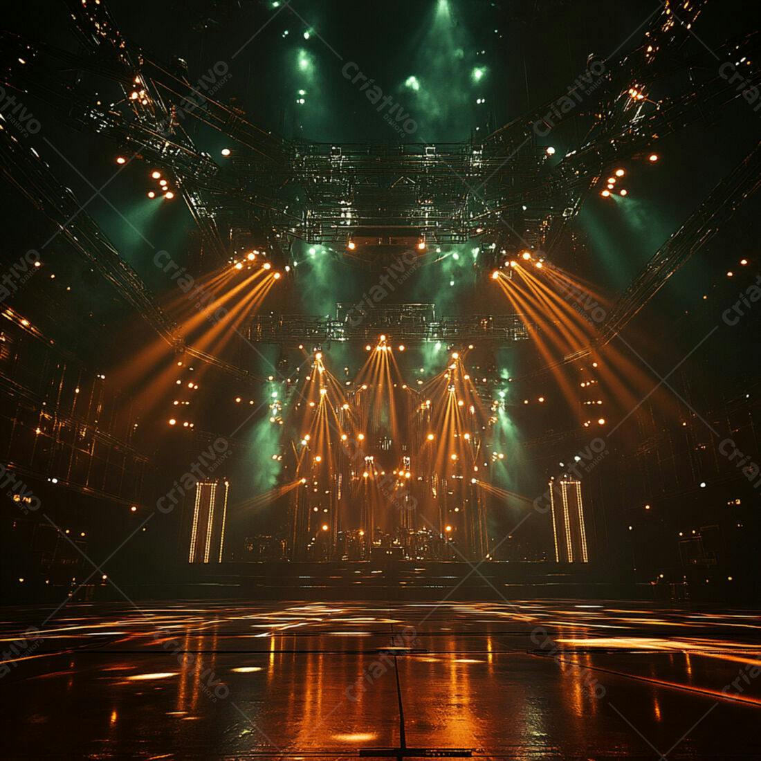 Palco iluminado com luzes douradas e verdes