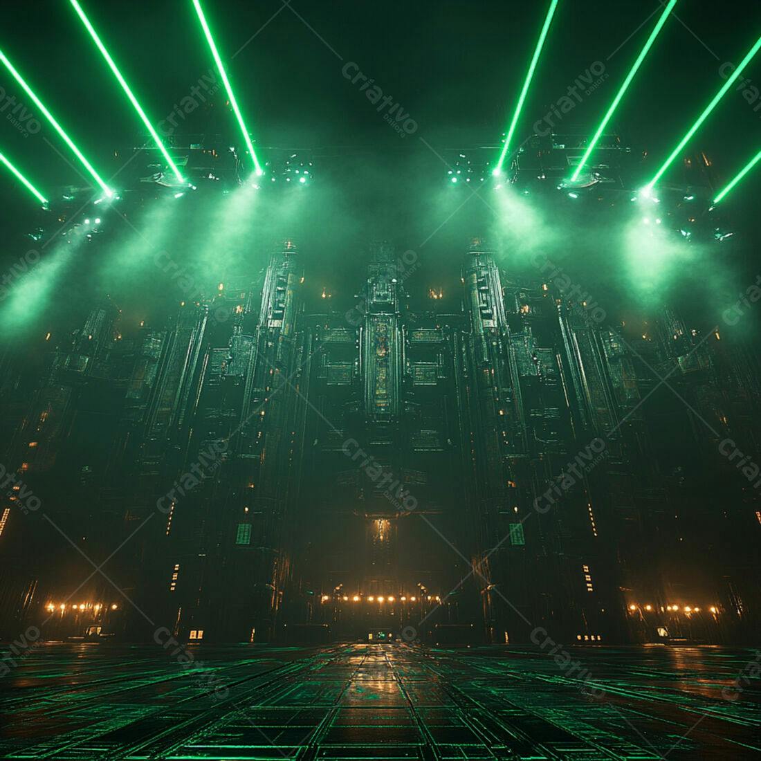 Edifício futurista iluminado com laser verde