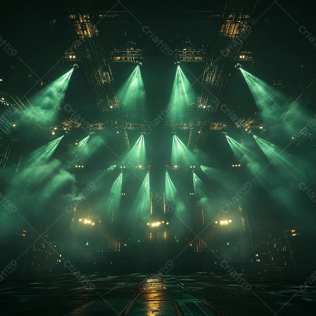 Palco com iluminação verde e névoa
