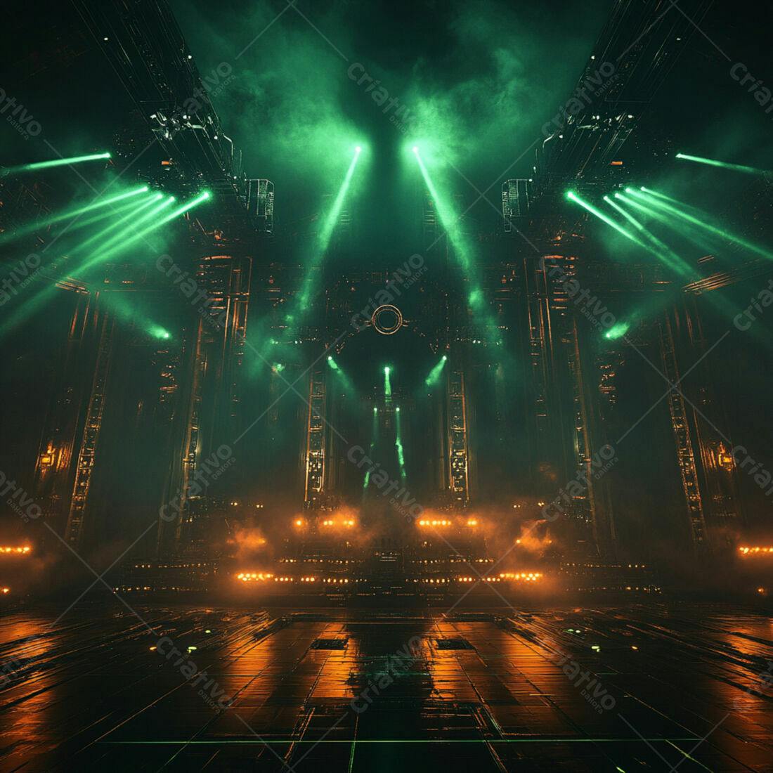 Palco futurista com luzes verdes e laranja