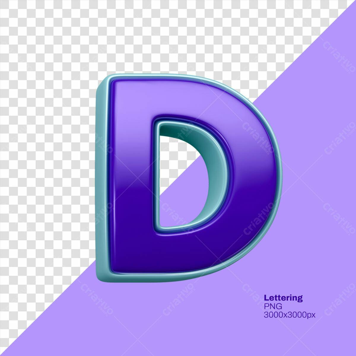 Letra D 3D Roxa e Azul Claro PSD Editável