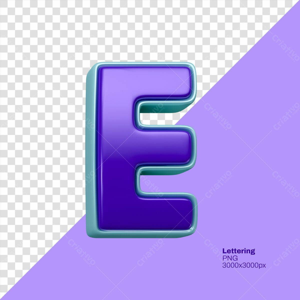 Letra E 3D Roxa e Azul Claro PSD Editável