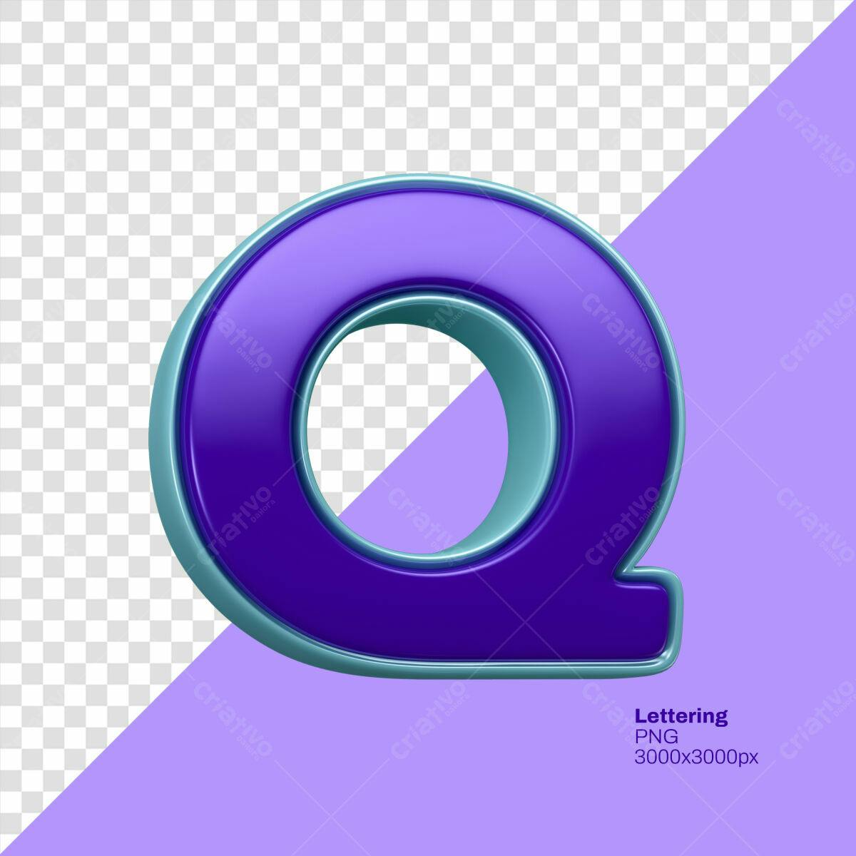 Letra Q 3D Roxa e Azul Claro PSD Editável