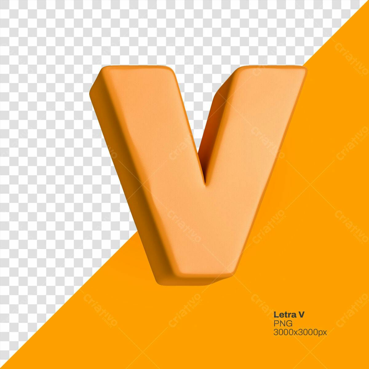 Letra V 3D Laranja PSD Editável