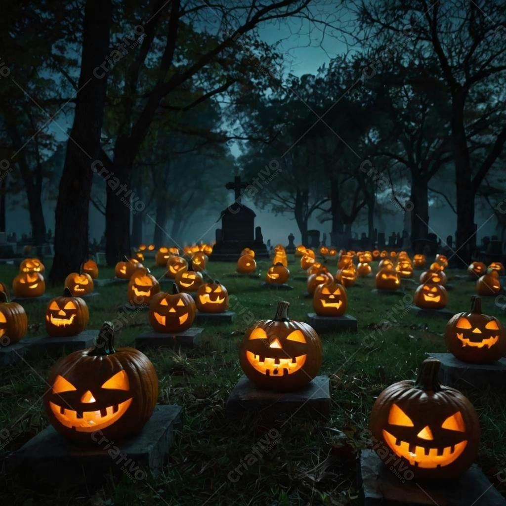 Abóboras de Halloween em cemitério noturno