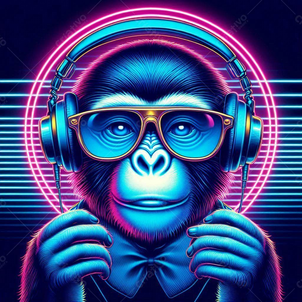 Gorila com óculos e fone de ouvido estilo retro