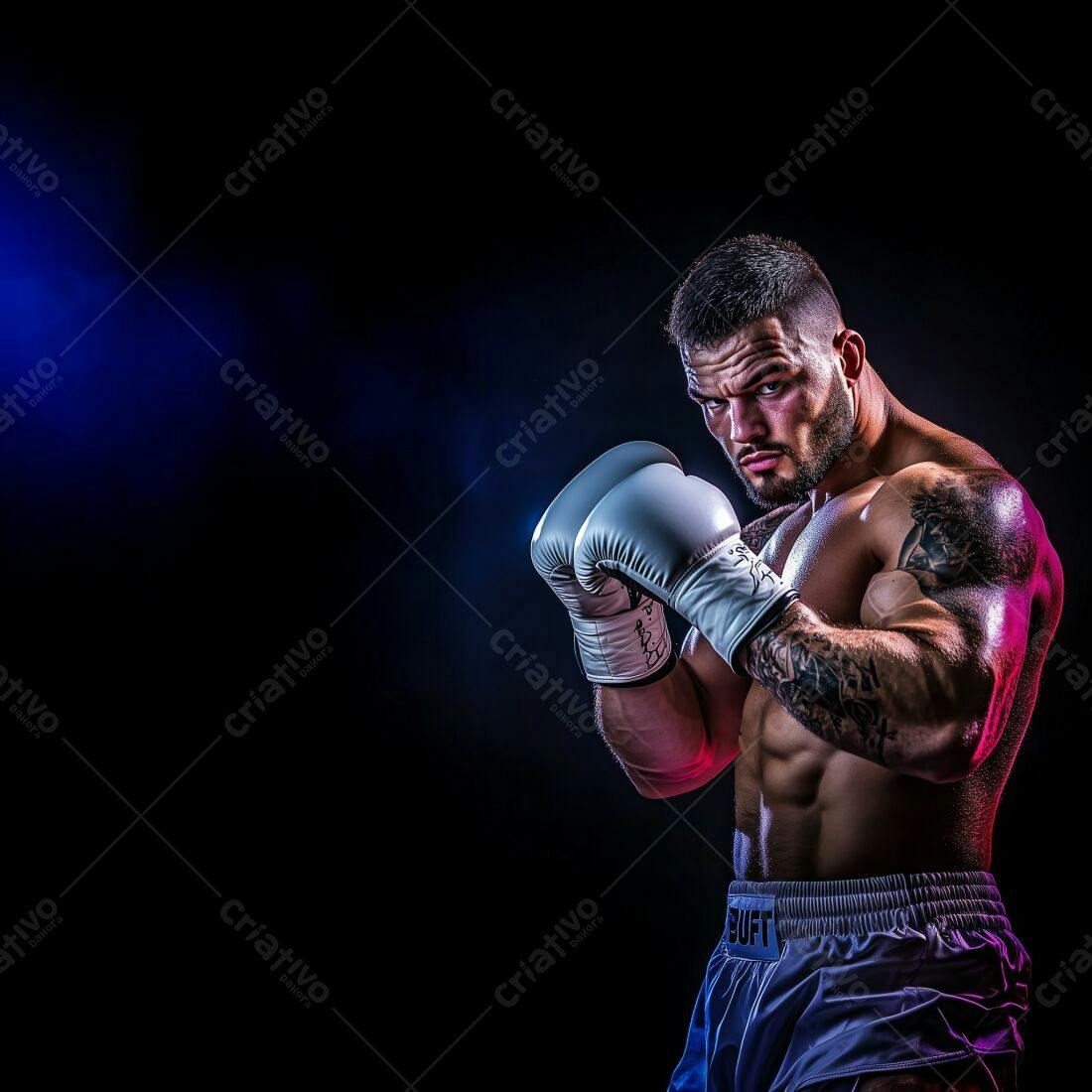 Boxeador musculoso com tatuagens em pose de luta