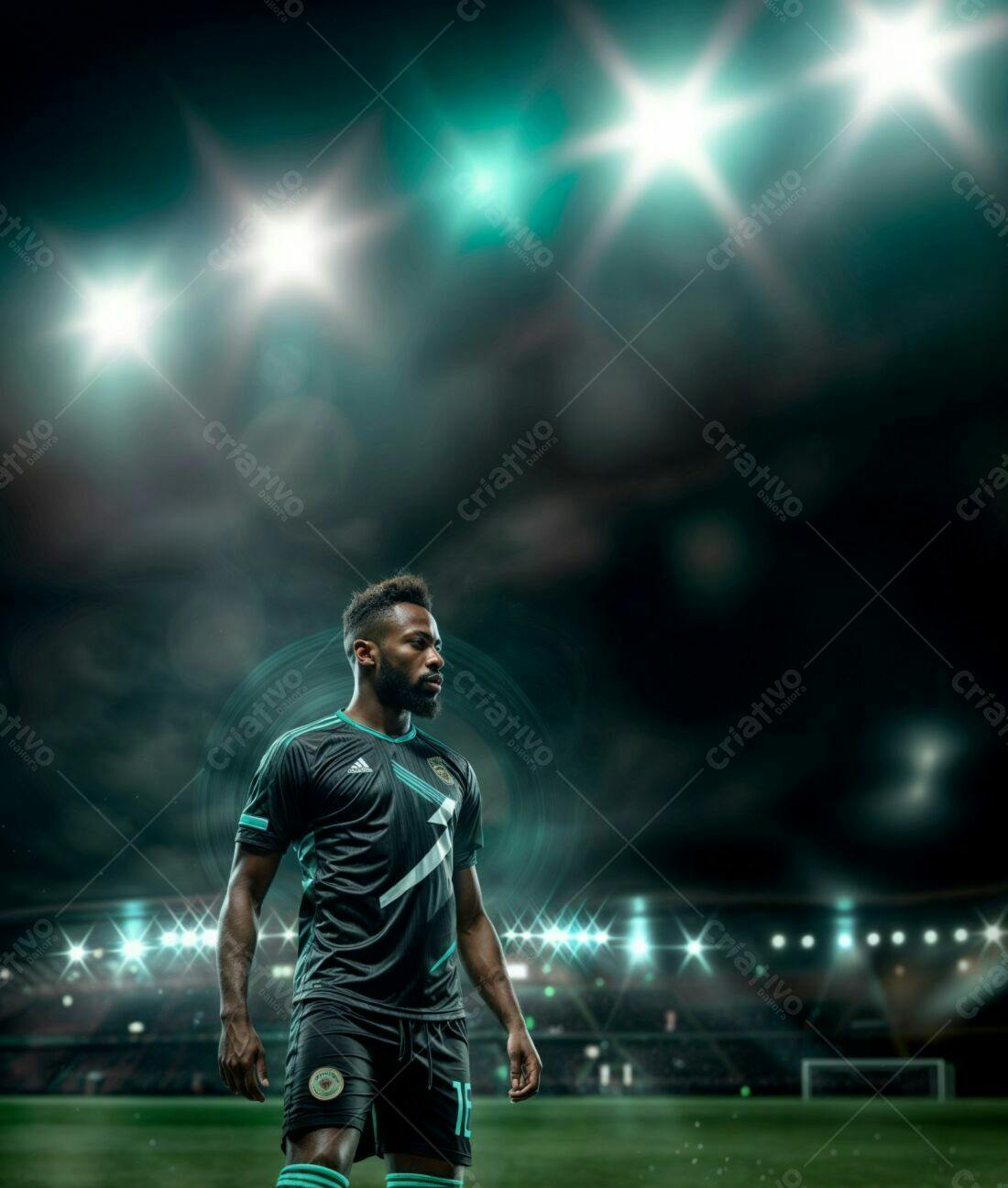 Jogador de futebol negro em campo noturno