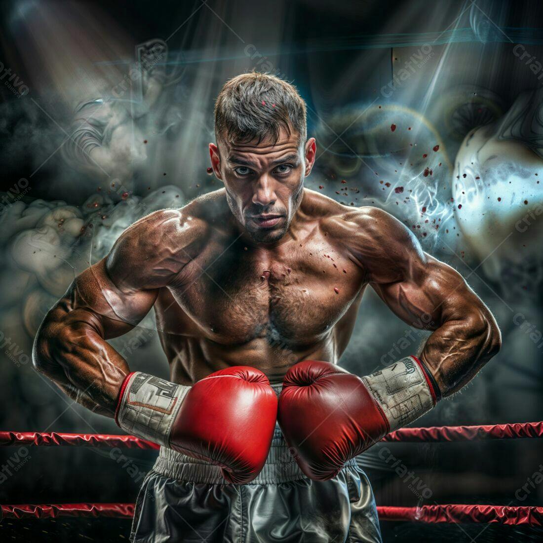 Boxeador musculoso com luvas vermelhas no ringue