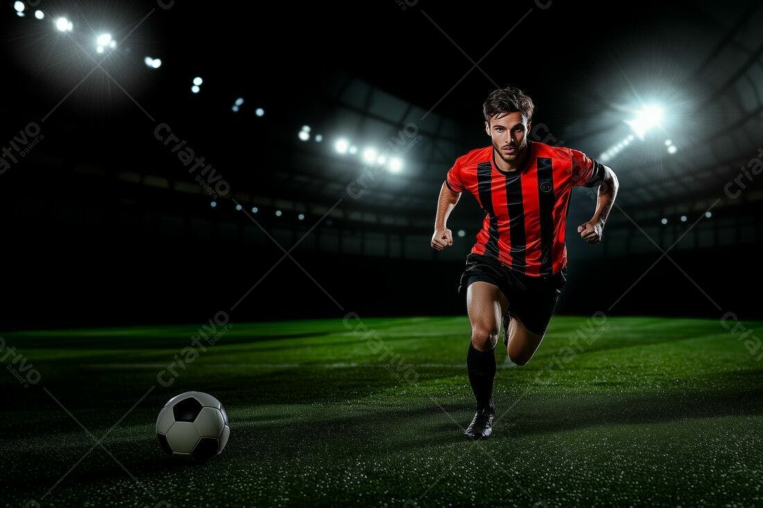 Jogador de futebol correndo em campo noturno
