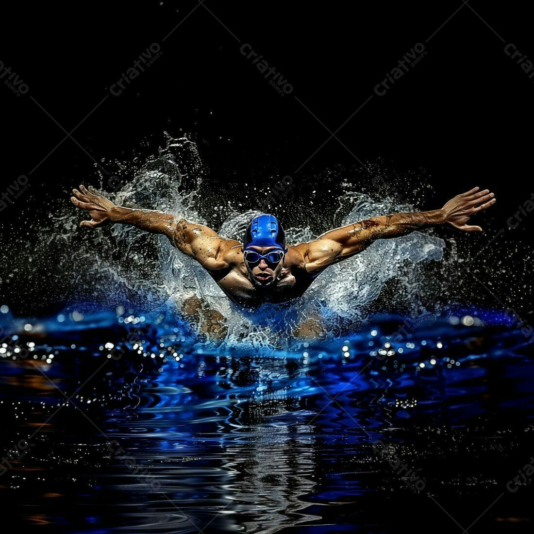 Nadador mergulhando piscina fundo escuro