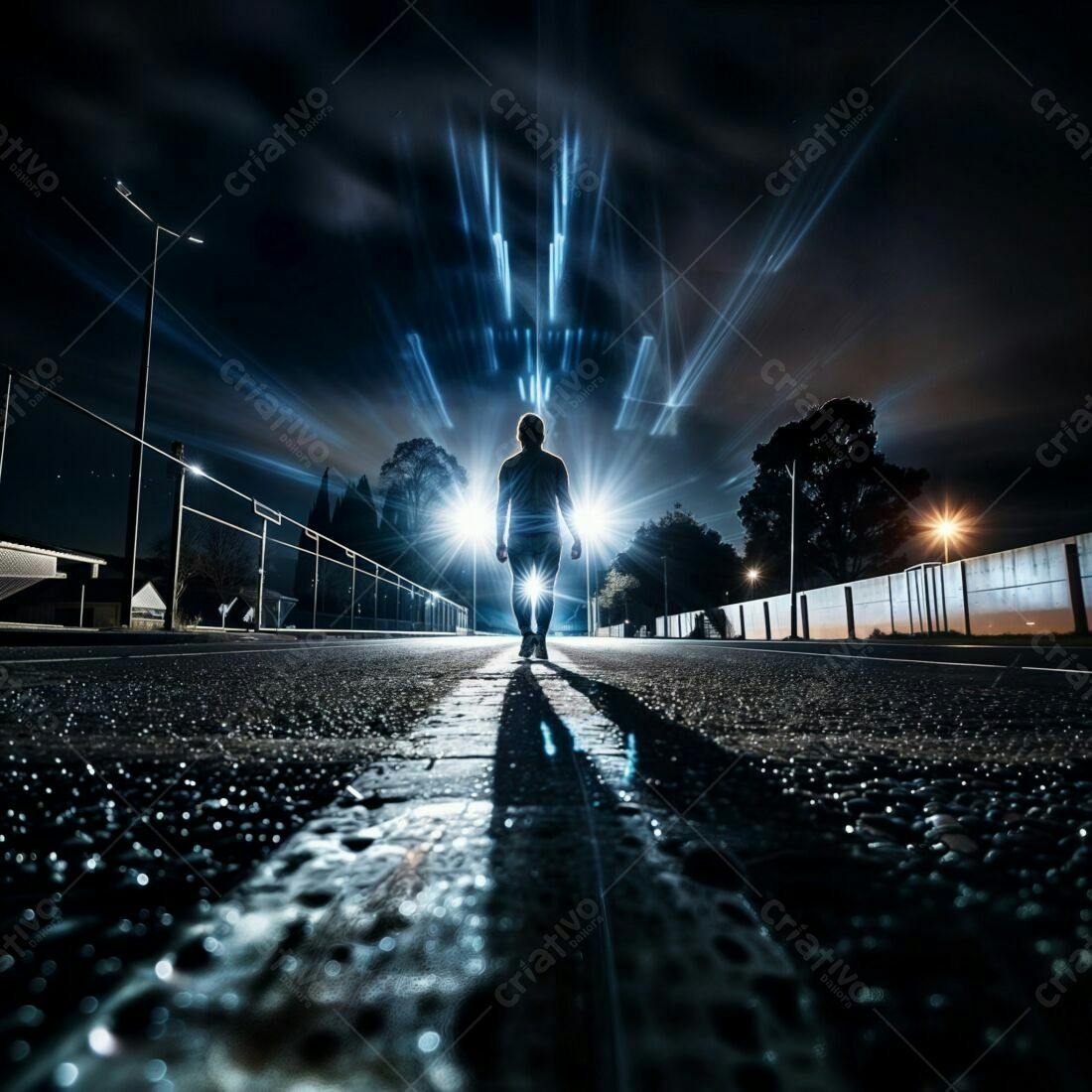 Silhueta caminhando noite azul iluminada