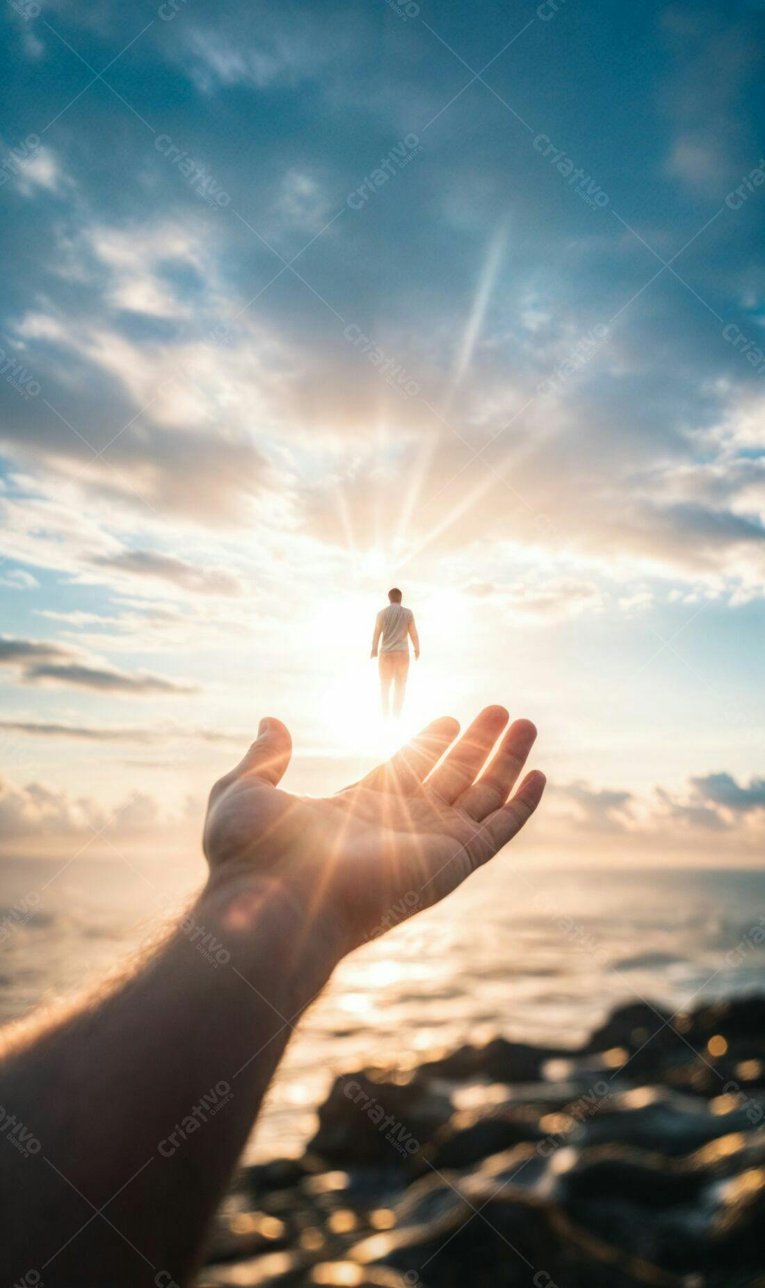 Homem flutuando ao nascer do sol