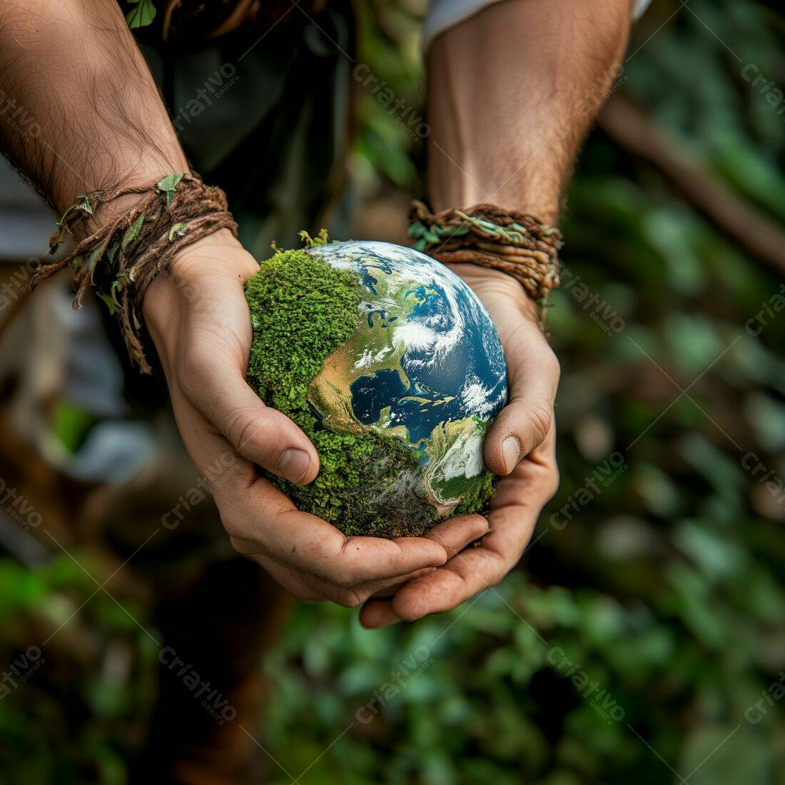 Mãos segurando planeta Terra com musgo