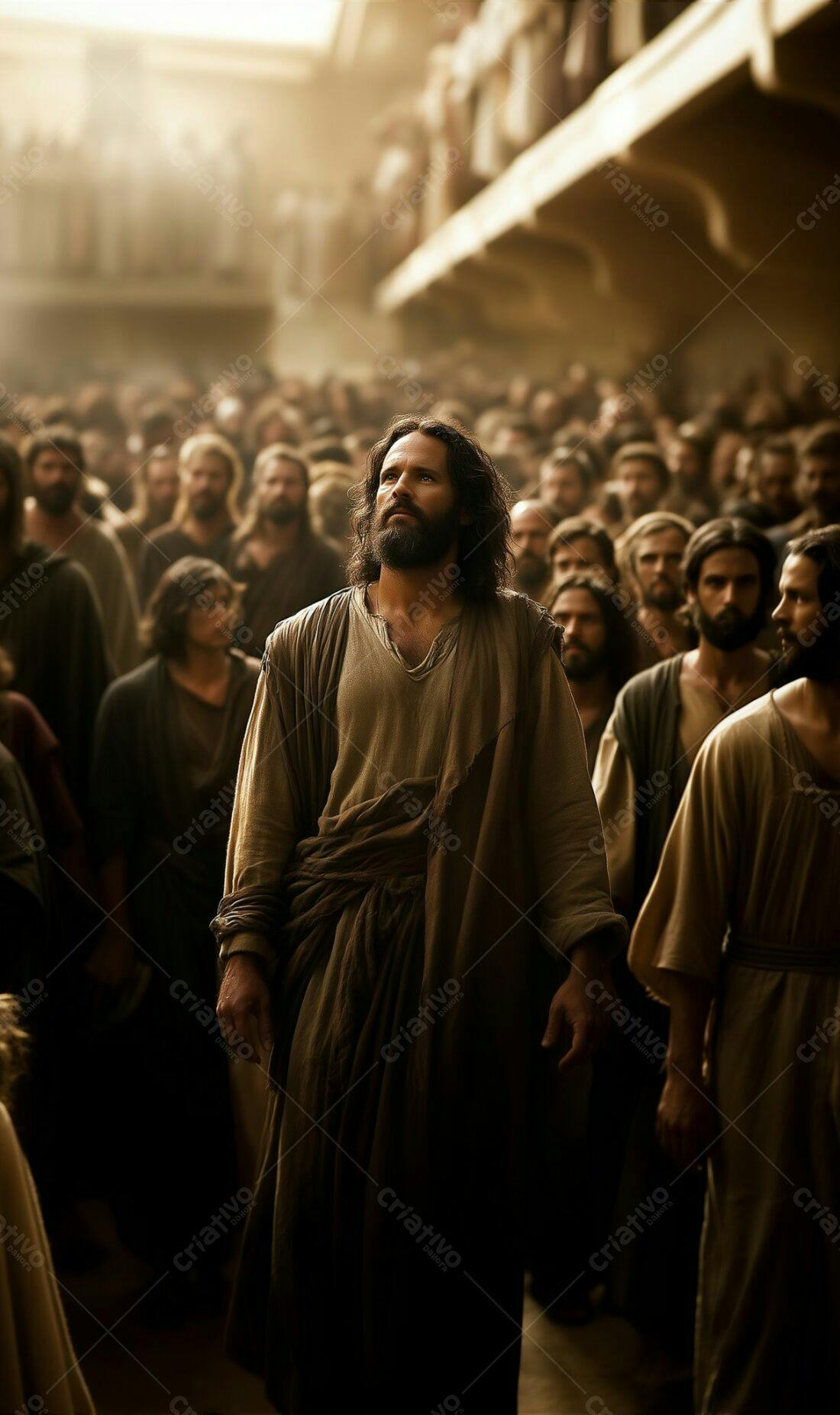 Jesus entre multidão em tons terrosos