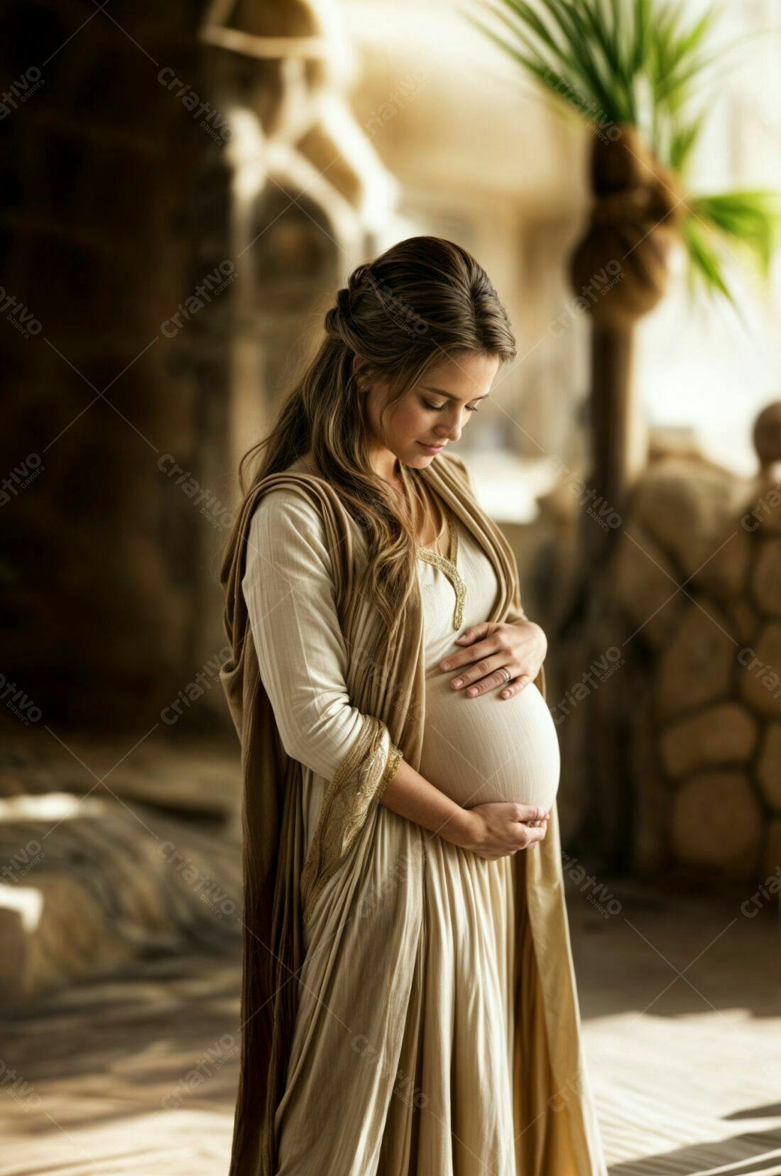Mulher grávida em vestido bege contemplativa