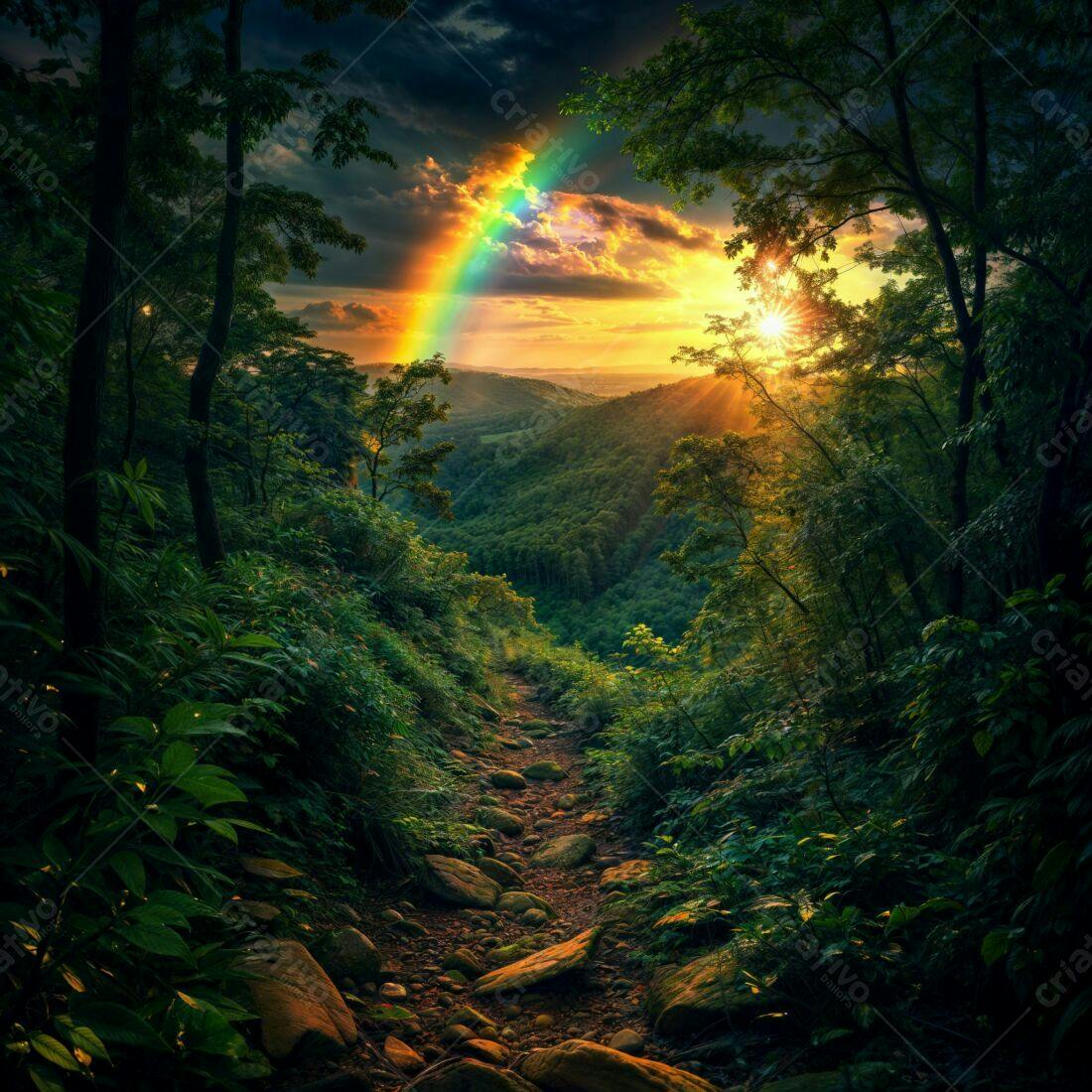 Trilha na Floresta ao Pôr do Sol com Arco-Íris
