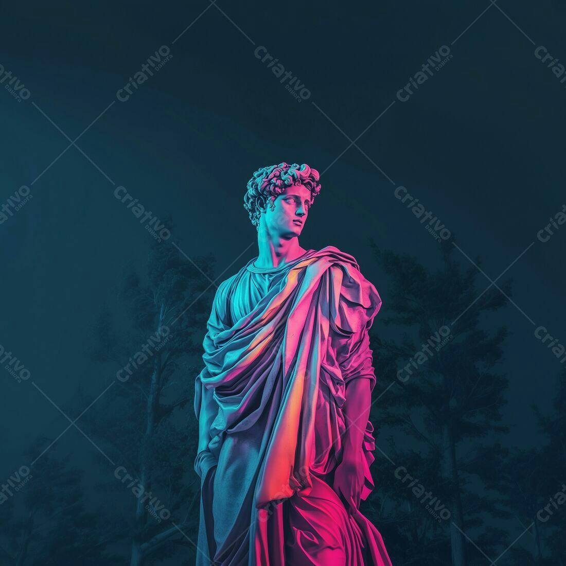 Estátua grega iluminada em tons rosa e azul