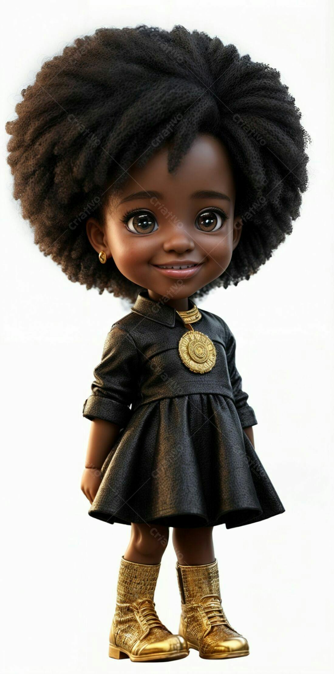 Menina negra estiloso com vestido e botas douradas