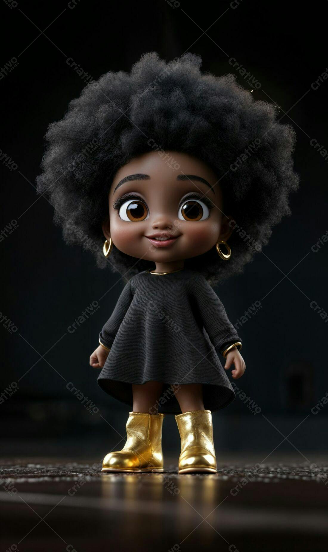 Menina negra fofa com vestido e botas douradas