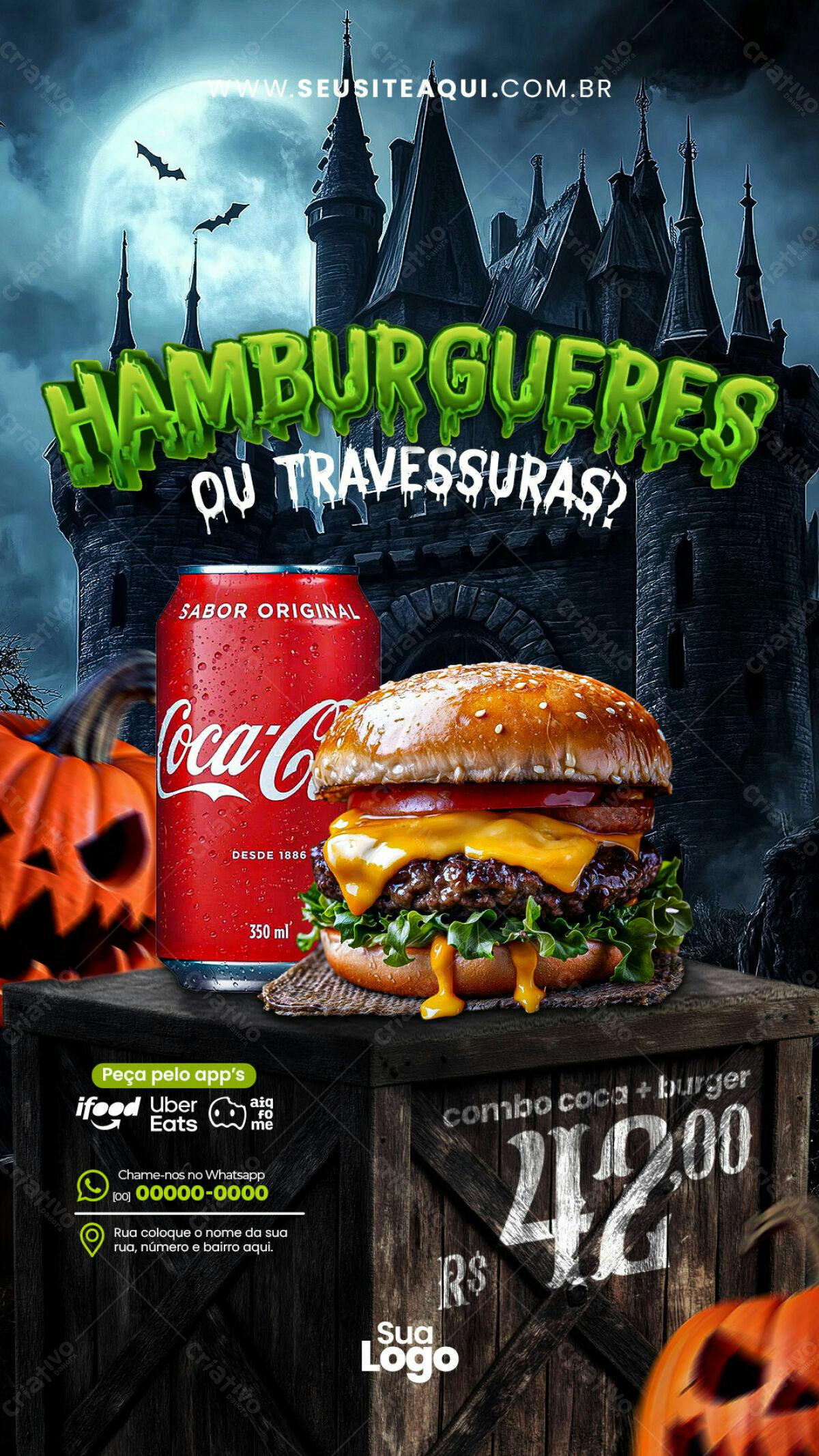 Flyer Halloween Hambúrguer e Coca-Cola PSD Editável