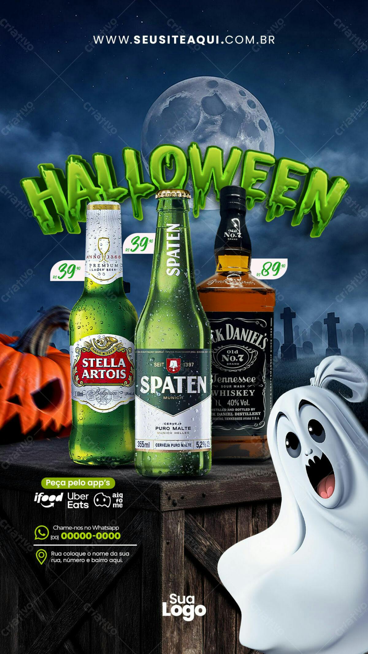 Flyer Halloween com Cervejas e Whisky PSD Editável