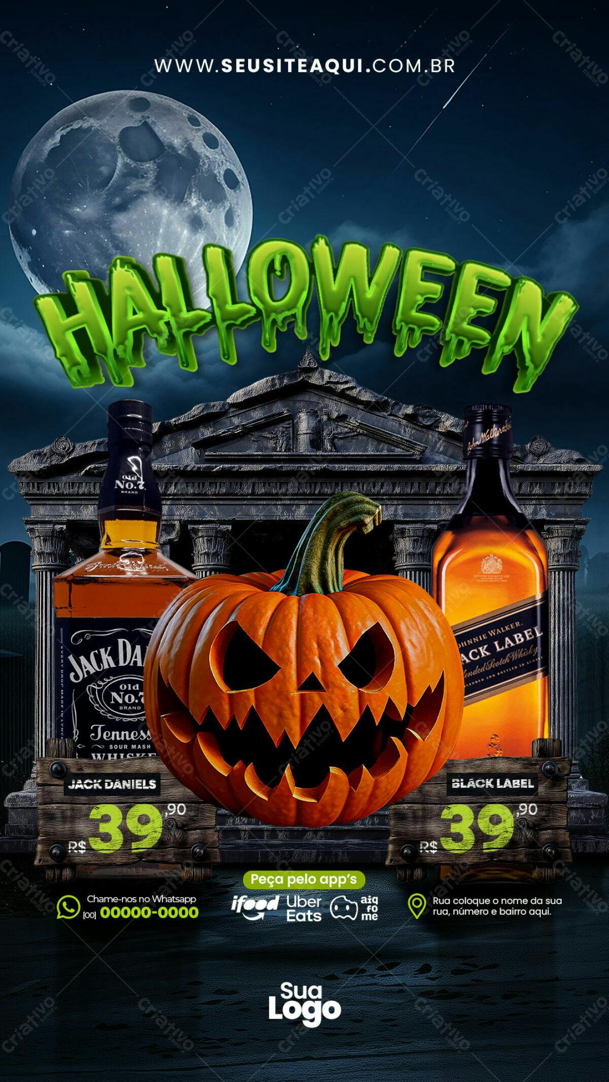 Flyer Halloween com Abóbora, Garrafas e Cemitério PSD Editável