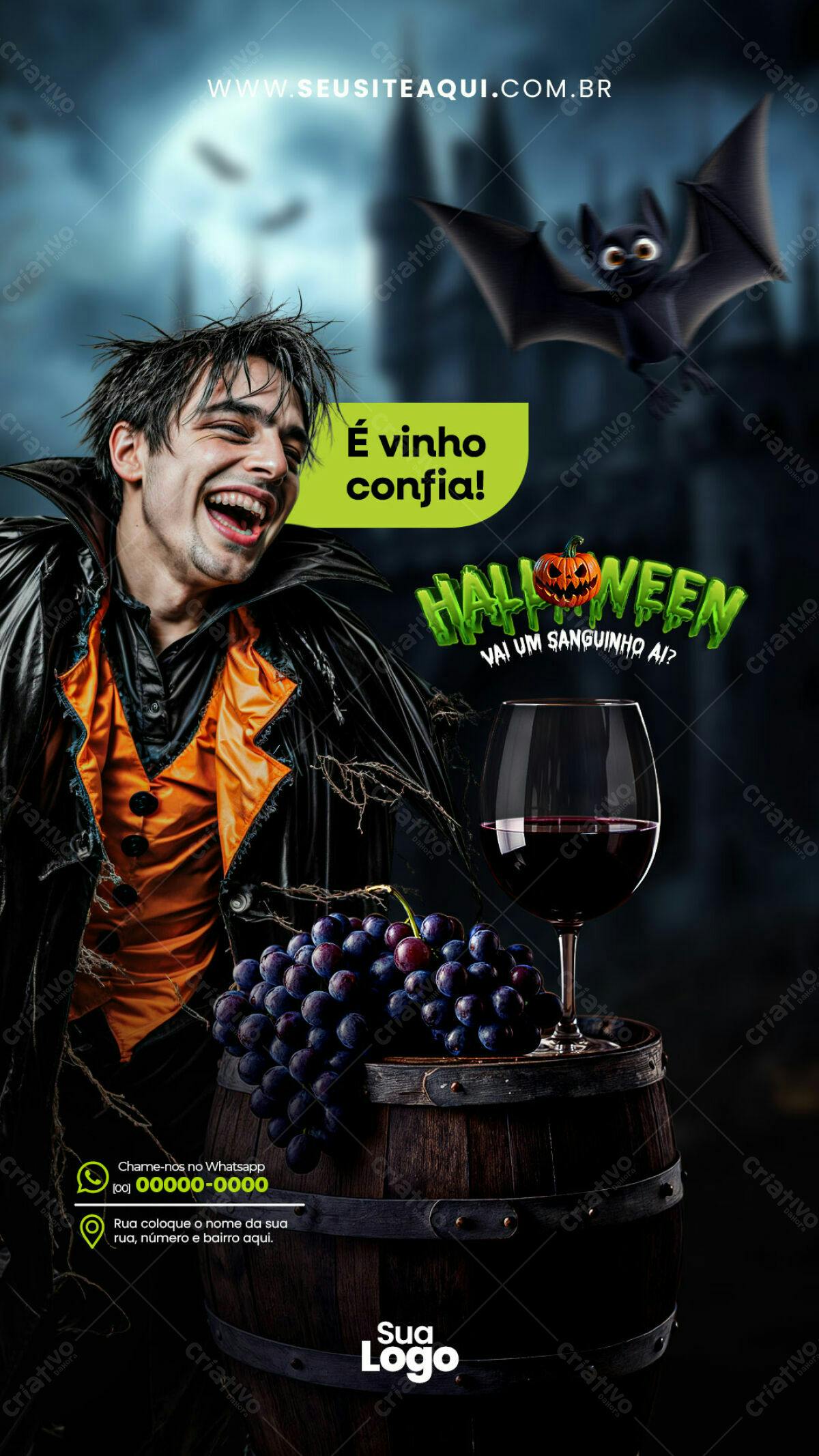 Flyer Halloween com Vampiro e Vinho PSD Editável