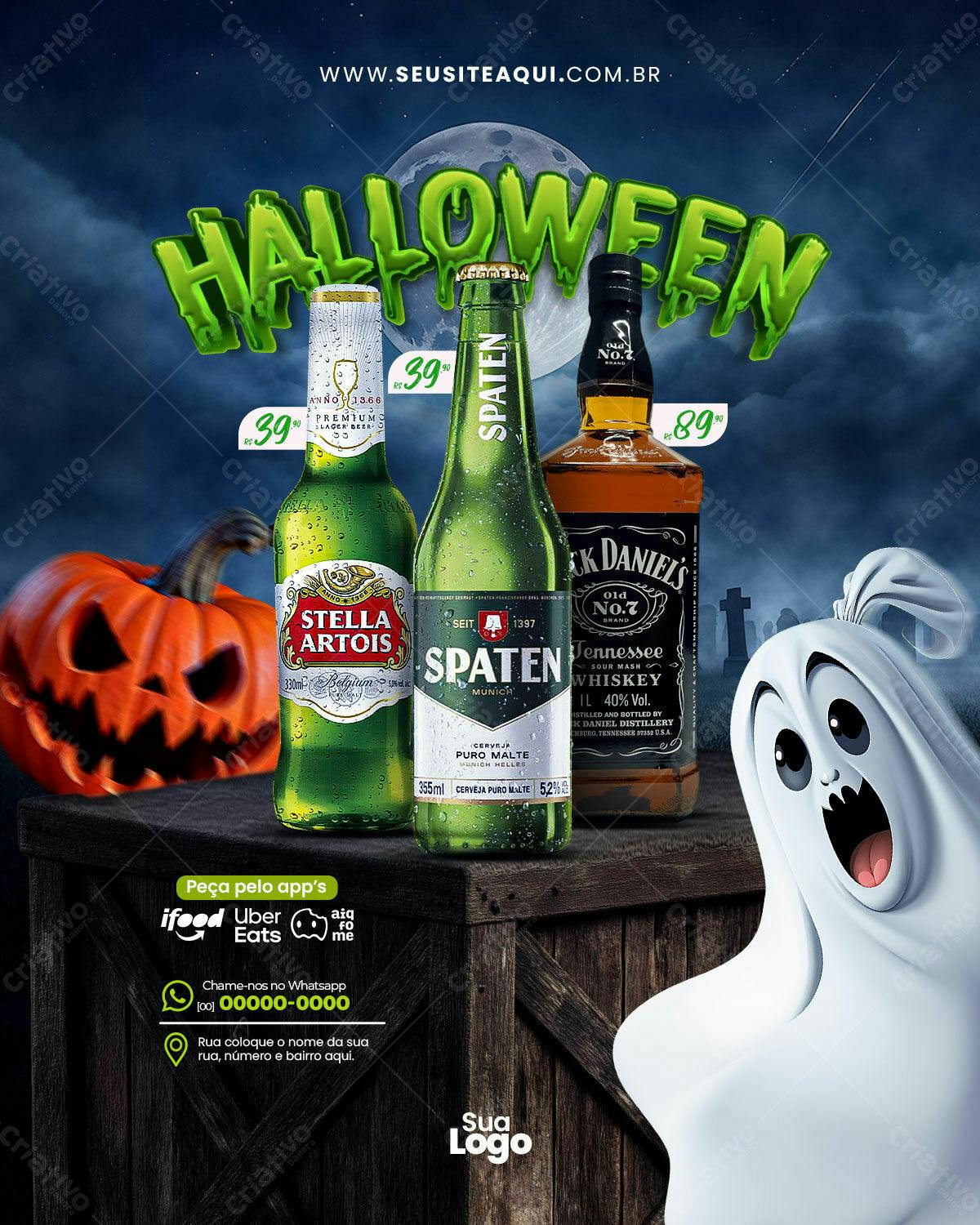 Flyer Halloween com Cervejas e Whisky PSD Editável