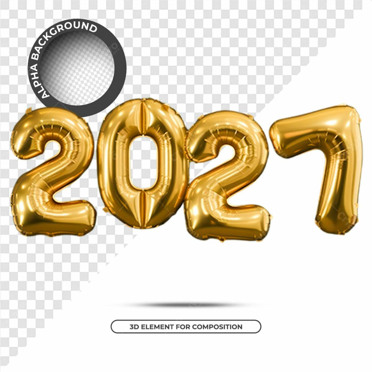 Balões Dourados Ano Novo 2027 PSD Editável