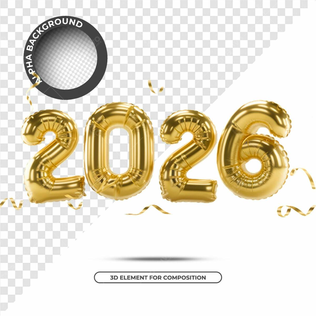Balões Dourados Ano Novo 2026 PSD Editável