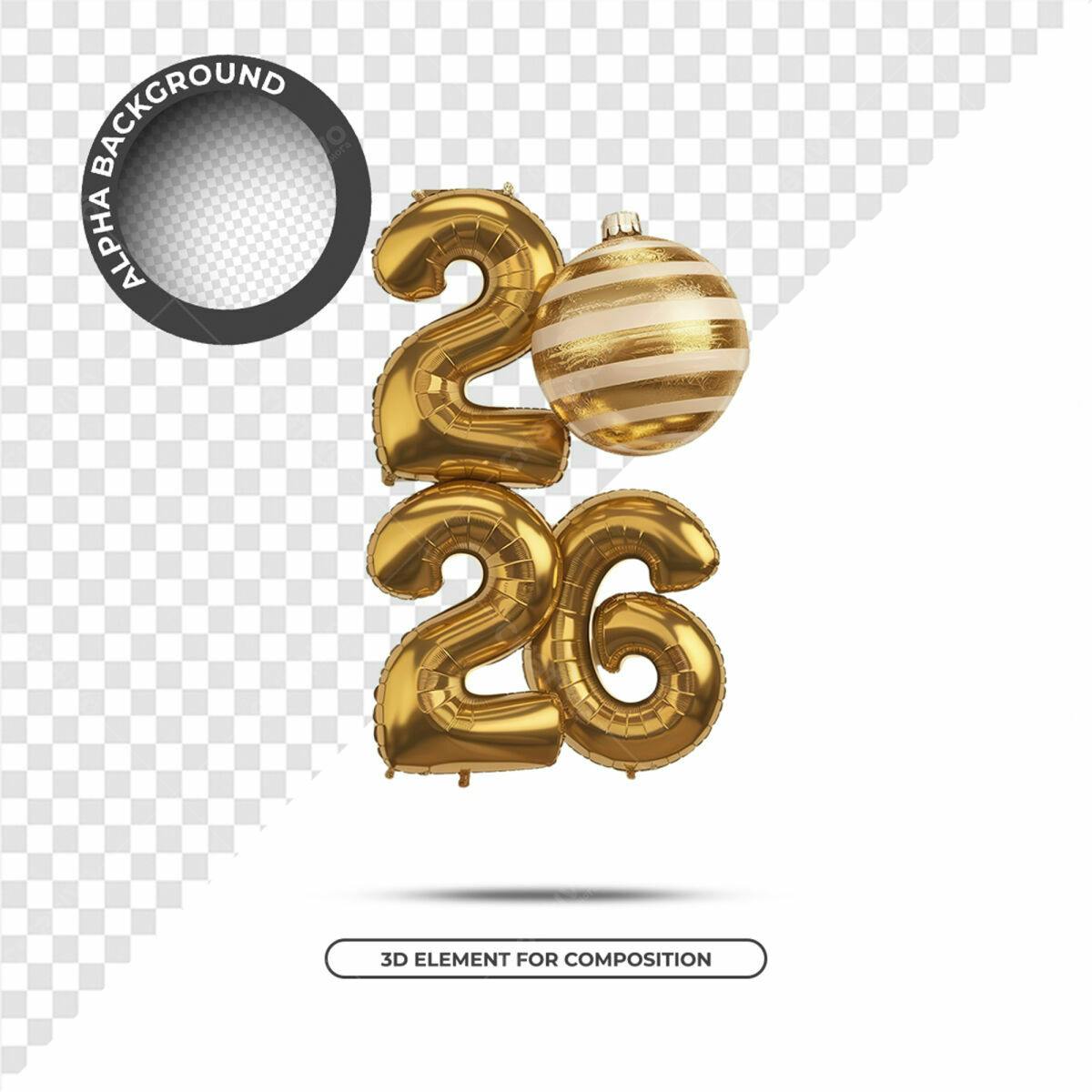 Elementos 3D Ano Novo 2026 PSD Editável
