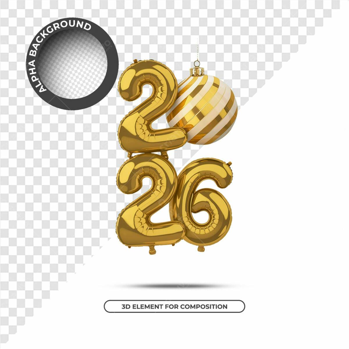 Elementos 3D Ano Novo 2026 PSD Editável