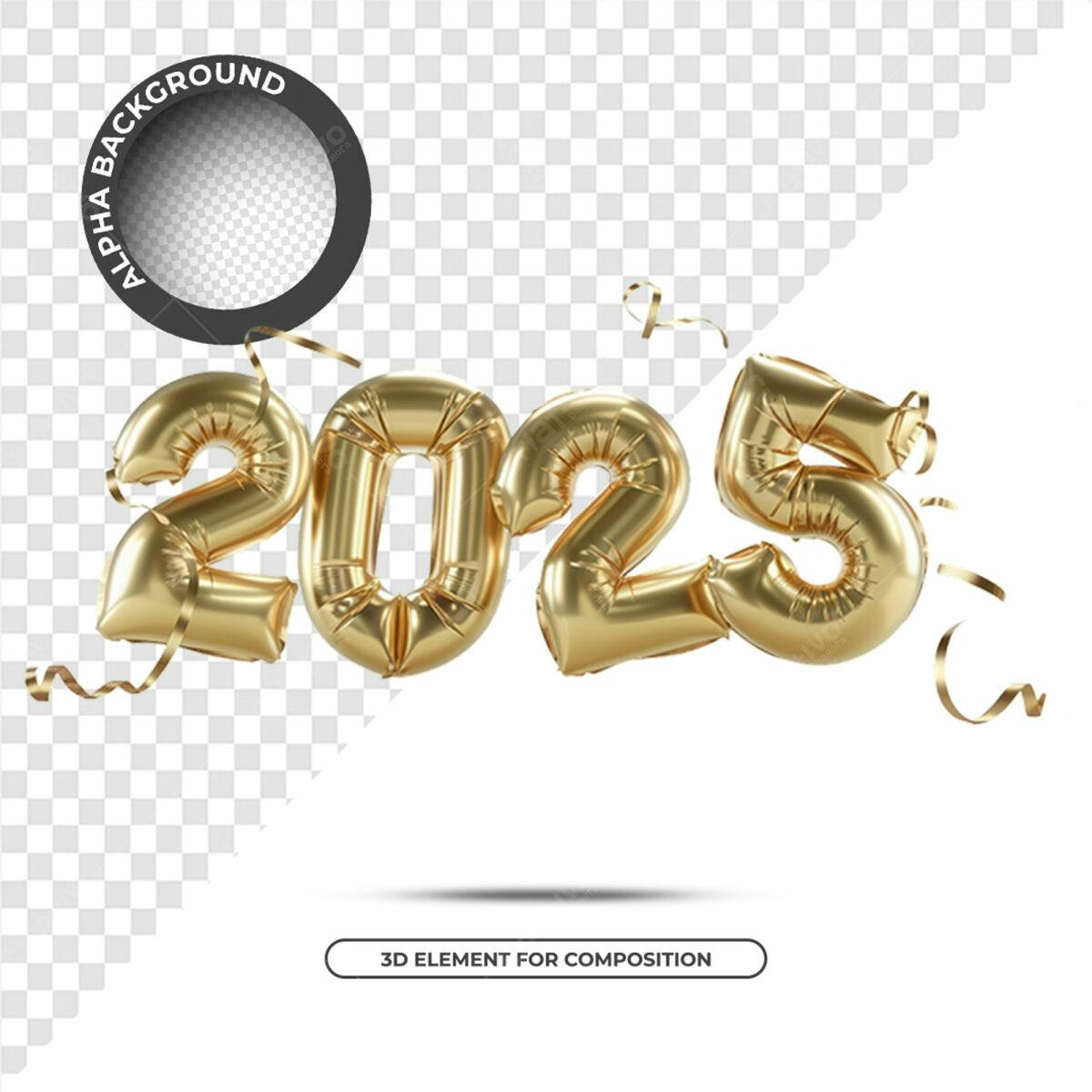 Balões Dourados Ano Novo 2025 PSD Editável
