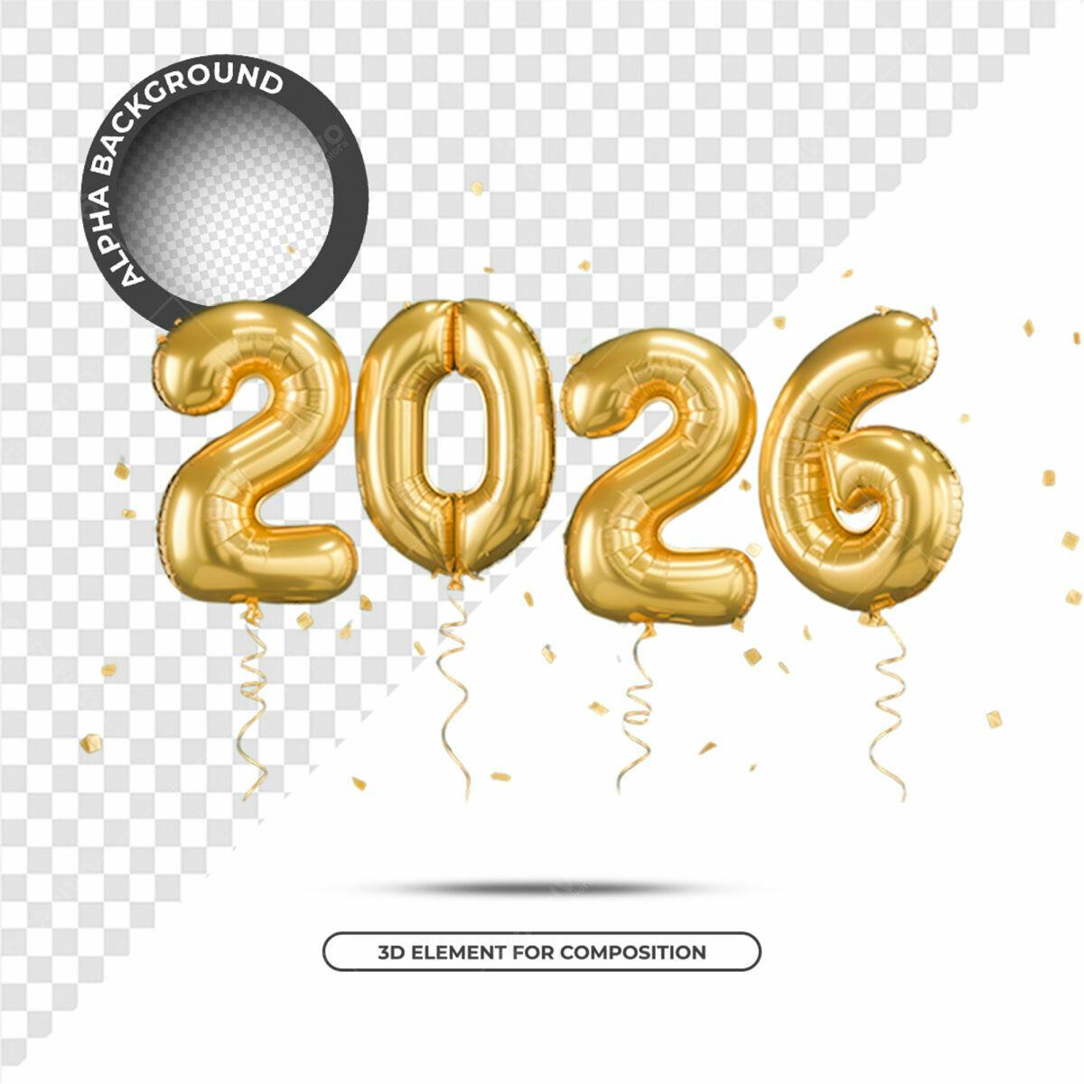 Balões Dourados Ano Novo 2026 PSD Editável
