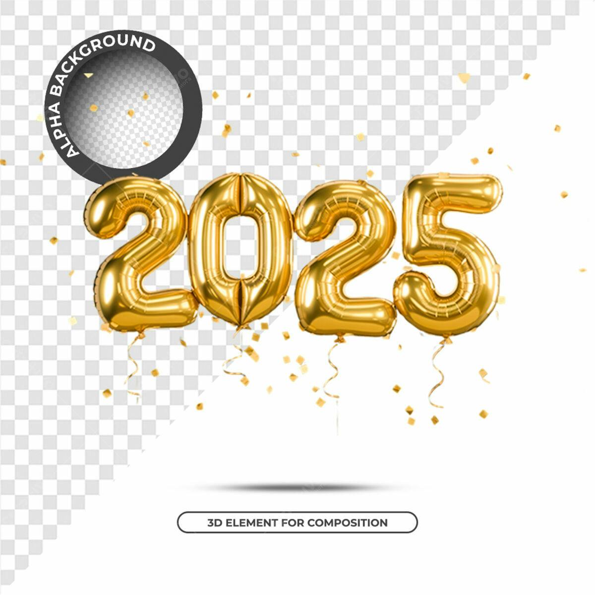 Balões Dourados Ano Novo 2025 PSD Editável