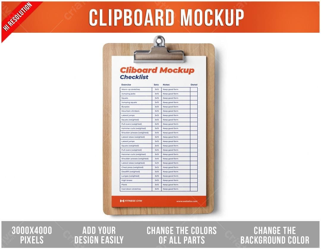 Mockup Realista de Prancheta com Checklist de Exercícios