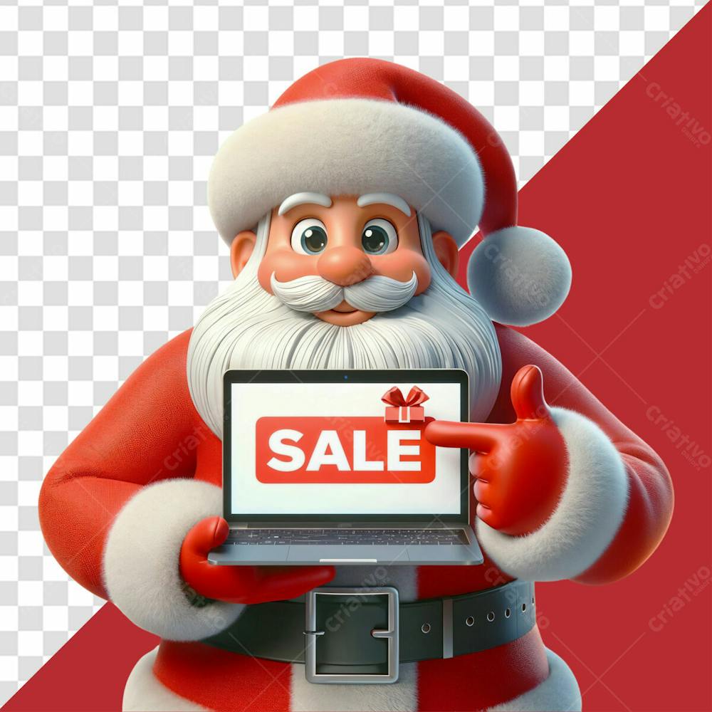 Personagem 3D Papai Noel Segurando Computador Para Promoção De Natal