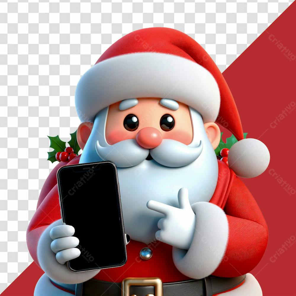 Personagem 3D Papai Noel Segurando E Mostrando A Tela De Um Celular Para Promoção De Natal