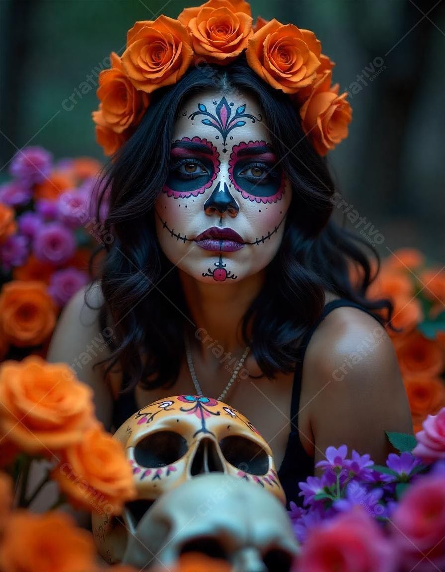 Modelo com maquiagem de Catrina cercada por rosas