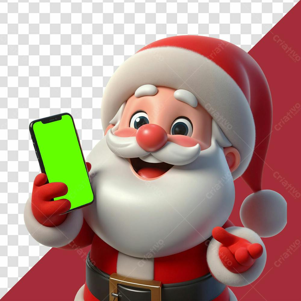 Personagem 3D Papai Noel Feliz Segurando Um Celular Enquanto Mostra A Tela De Natal