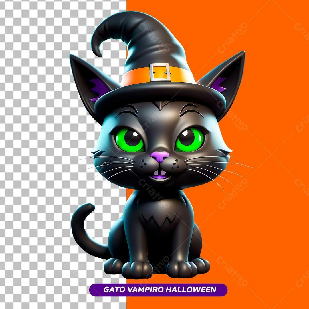 Gatinho Preto de Halloween com Chapéu de Bruxa