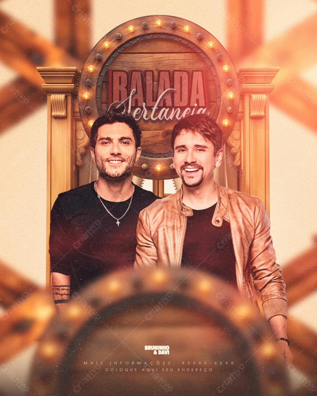 Flyer para Balada Sertaneja com Bruninho e Davi PSD Editável