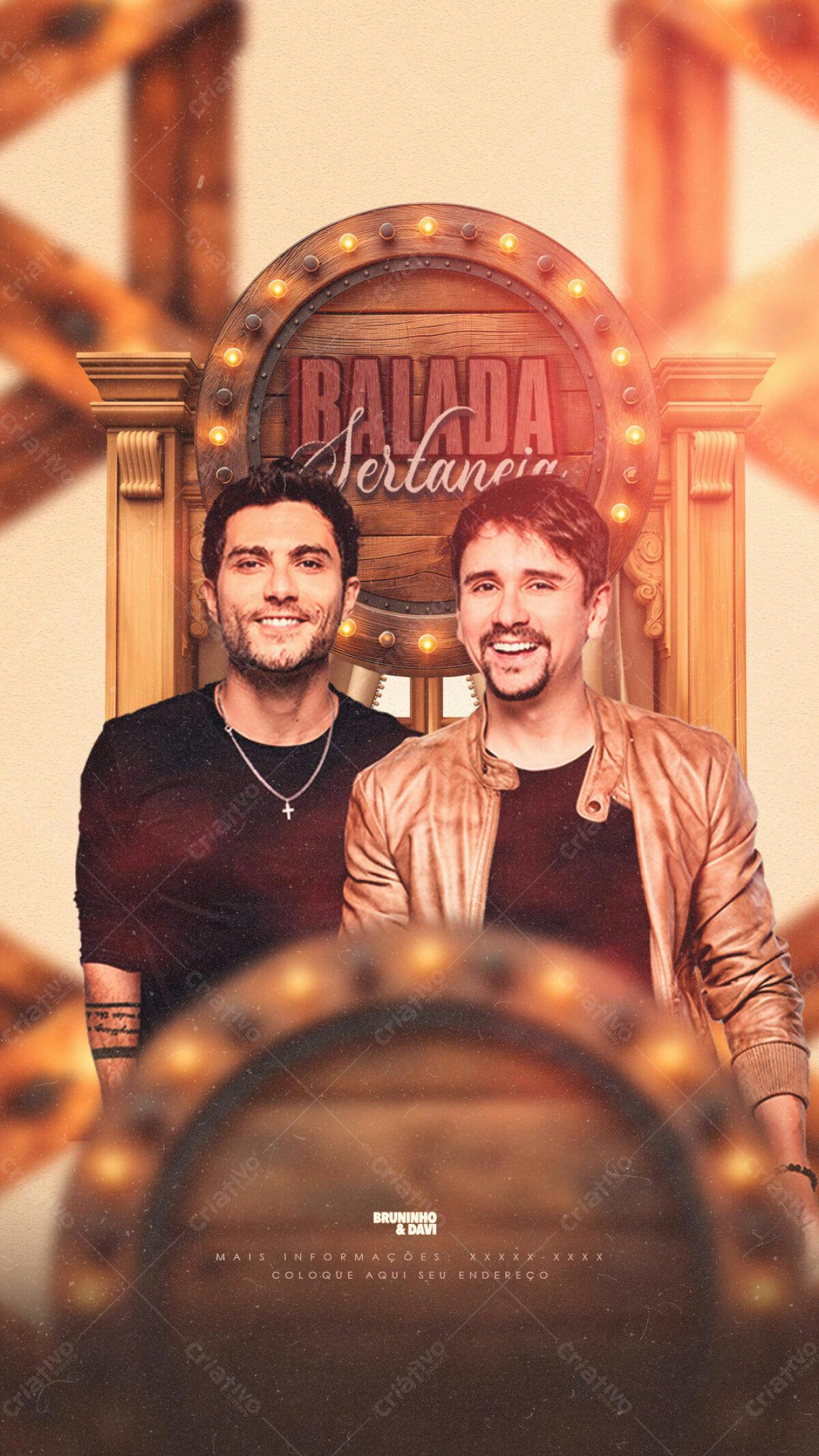 Flyer para Balada Sertaneja com Bruninho e Davi PSD Editável