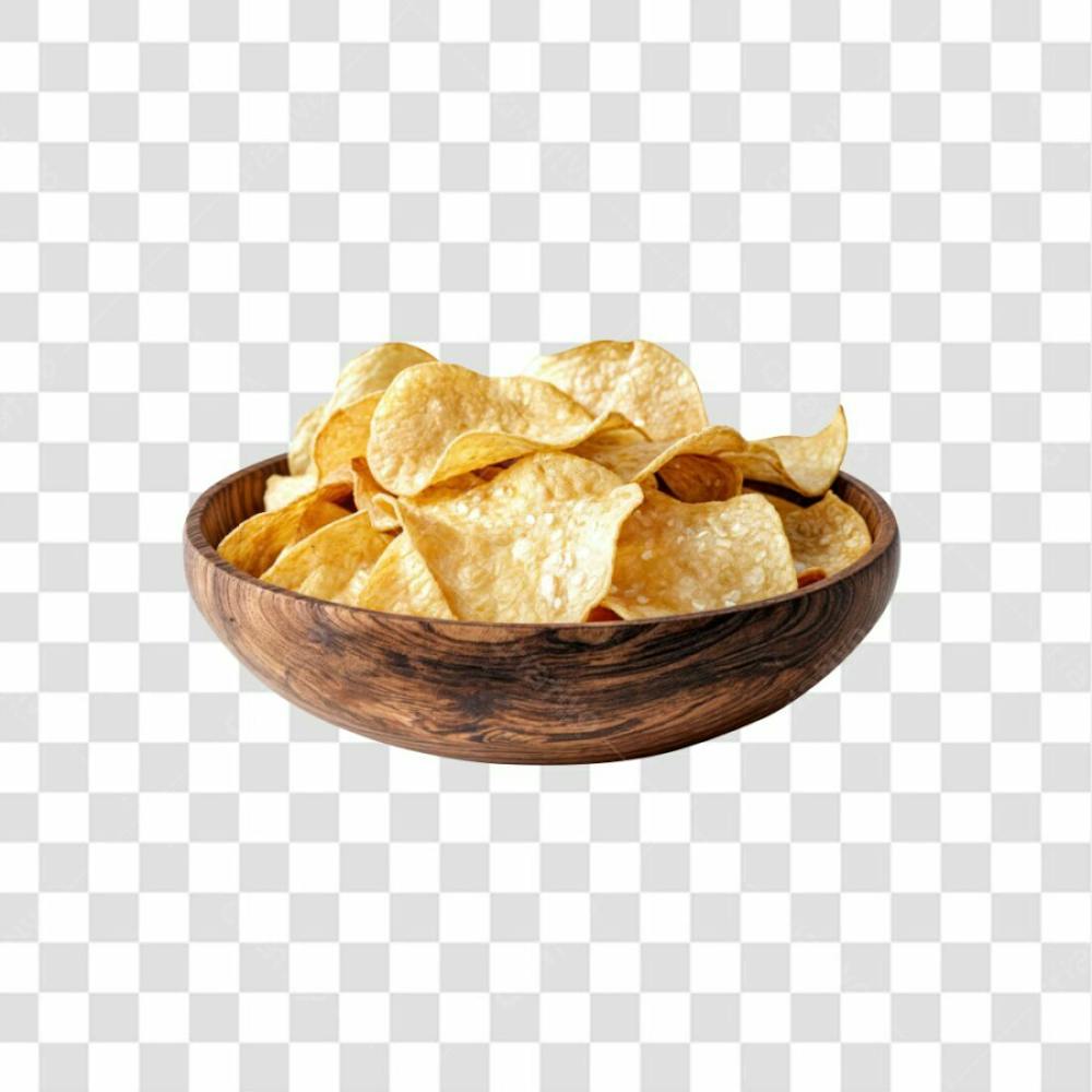 Imagem Ia Gamela De Madeira Com Batatra Chips Redonda Crocante E Com Fundo Transparente