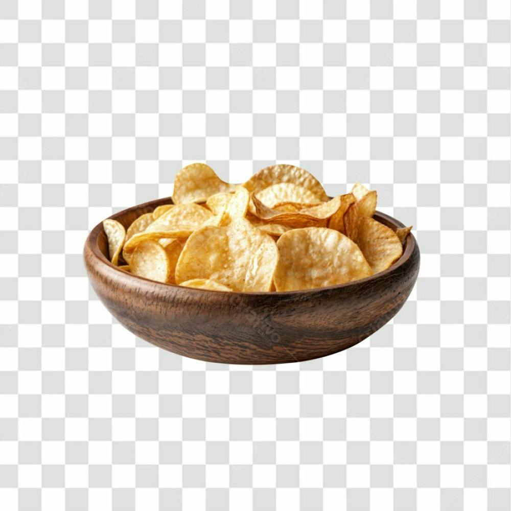 Imagem Ia Gamela De Madeira Com Batatra Chips Redonda Crocante E Com Fundo Transparente