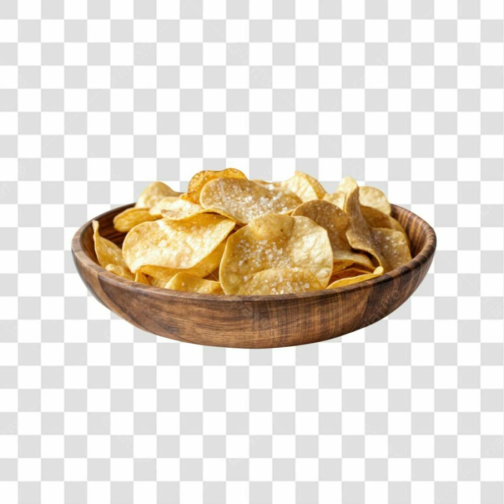 Imagem Ia Gamela De Madeira Com Batatra Chips Redonda Crocante E Com Fundo Transparente