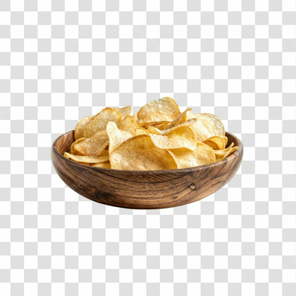 Imagem Ia Gamela De Madeira Com Batatra Chips Redonda Crocante E Com Fundo Transparente